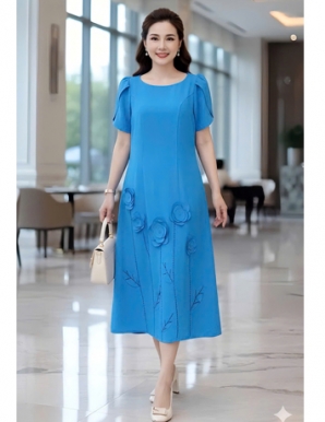 Đầm suông Màu xanh chân váy kết Đá và hoa 3D - F006