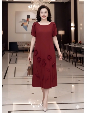 Đầm suông Màu Đỏ chân váy kết Đá và hoa 3D - F007