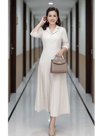 Đầm cổ vest dập ly màu Kem - F008