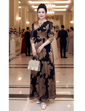 Đầm Maxi Tơ ép gấm nổi hoa vàng đồng - F014