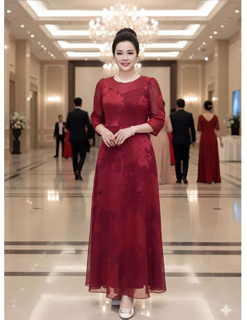 Đầm Maxi Tơ ép gấm nổi hoa Đỏ - F015