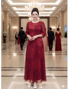 Đầm Maxi Tơ ép gấm nổi hoa Đỏ - F015