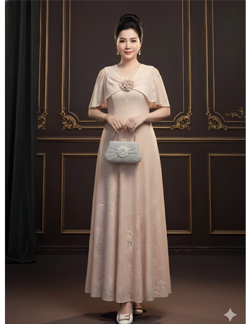 Đầm Maxi REN cao cấp rớt vai màu Da - F018