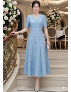 Đầm cổ Tim 8 mảnh màu Xanh xám - F020