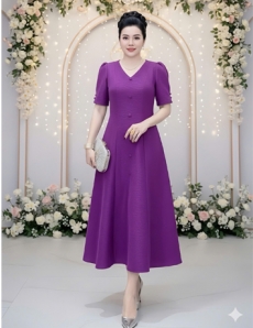 Đầm cổ Tim 8 mảnh màu Hồng Tím - F021