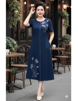 Đầm suông màu Xanh đen thêu hoa Xám - F026