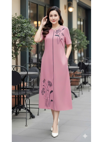 Đầm suông màu Hồng thêu hoa Đen - F027
