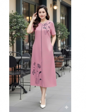 Đầm suông màu Hồng thêu hoa Đen - F027