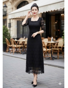 Đầm ren chỉ hoa hồng màu Đen- F028