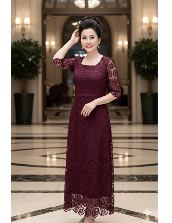 Đầm ren nổi cổ vuông màu Đỏ Mận - F029