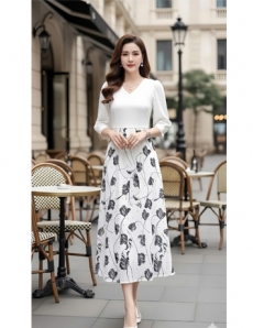 Đầm phối áo trắng chân váy tầm sọc - F032