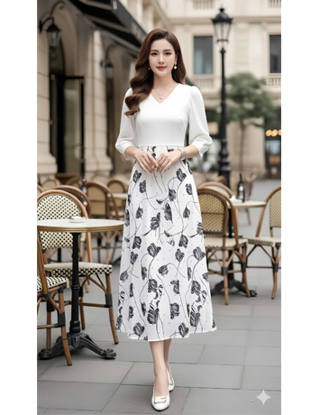 Đầm phối áo Đen chân váy tầm sọc - F033