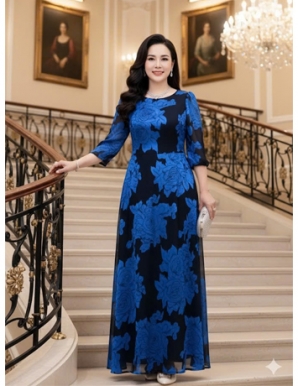 Đầm Maxi Tơ ép gấm nổi hoa Xanh - F036