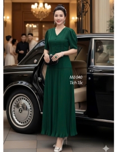 Đầm Dập ly viền ren cổ tim màu Xanh Lá - F040