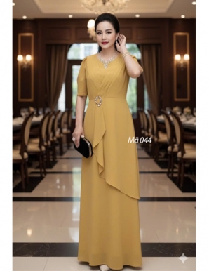 Đầm Maxi xếp ly đắp tà màu Vàng - F044