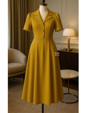 Đầm cổ Vest màu Vàng chần chỉ dáng xòe - F048
