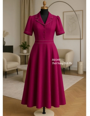 Đầm cổ Vest màu Hồng Sen chần chỉ dáng xòe - F049