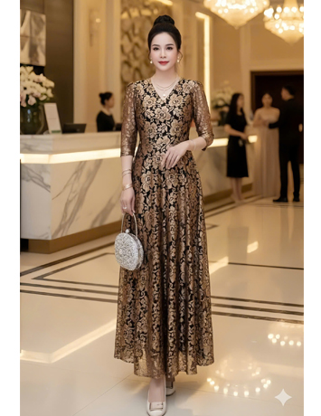  Đầm ren maxi cổ tim hoa vàng đồng  - F051