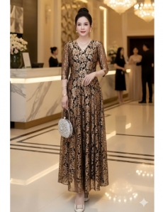  Đầm ren maxi cổ tim hoa vàng đồng  - F051