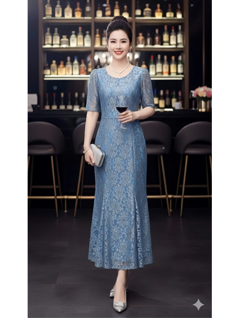  Đầm ren đuôi cá cổ tròn màu xám xanh - F055