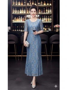  Đầm ren đuôi cá cổ tròn màu xám xanh - F055