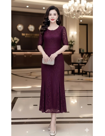  Đầm ren đuôi cá cổ tròn màu đỏ rượu - F056