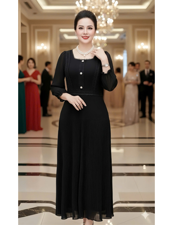 Đầm Dập ly viền ren cổ vuông màu đen  - F063