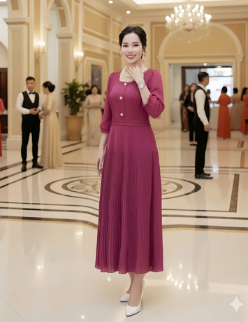 Đầm Dập ly viền ren cổ vuông màu hồng  - F064