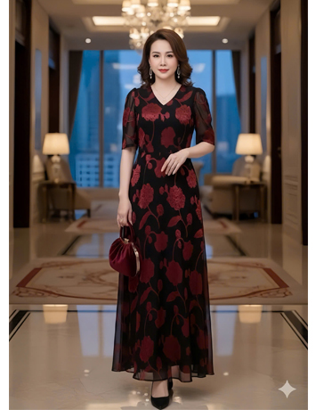 Đầm Maxi Tơ ép gấm nổi đen hoa đỏ - F066