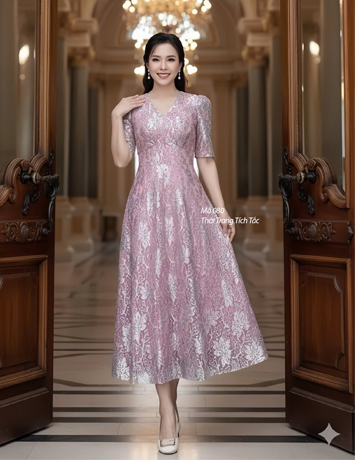 Đầm ren xòe midi cổ tim màu ngũ sắc - F080