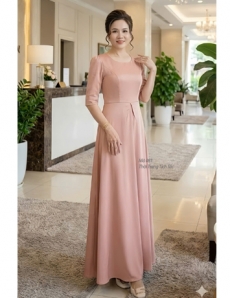 Đầm Maxi dạ hội cổ tròn peplum màu hồng đất- F081