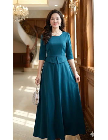 Đầm Maxi dạ hội cổ tròn peplum màu xanh - F082
