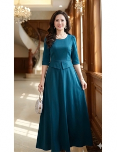 Đầm Maxi dạ hội cổ tròn peplum màu xanh - F082