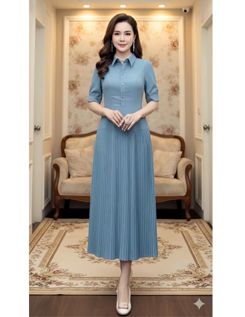  Đầm cổ sơ mi dập ly màu xanh xám- F083