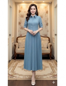  Đầm cổ sơ mi dập ly màu xanh xám- F083