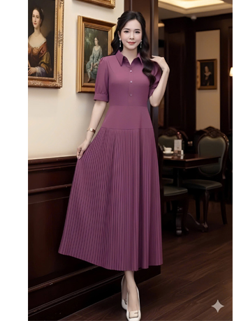  Đầm cổ sơ mi dập ly màu hồng đậm- F084