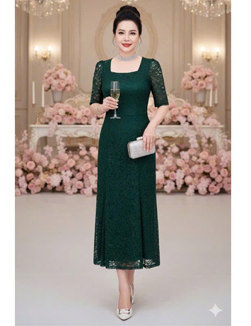  Đầm ren đuôi cá cổ vuông màu xanh - F085