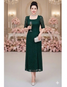  Đầm ren đuôi cá cổ vuông màu xanh - F085