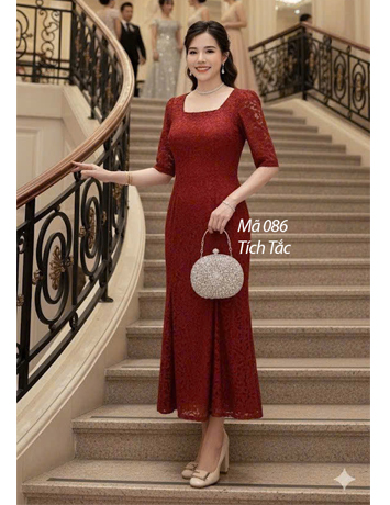  Đầm ren đuôi cá cổ vuông màu cam - F086