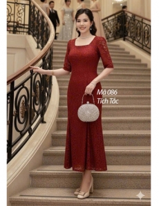  Đầm ren đuôi cá cổ vuông màu cam - F086