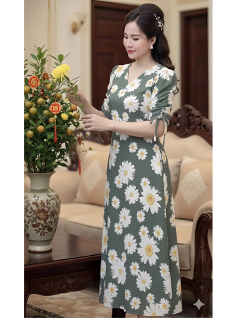 Đầm suông cổ tim họa tiết bông xanh đậu  - F088