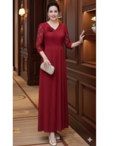  Đầm dập ly cổ tim áo REN đỏ đô - F090