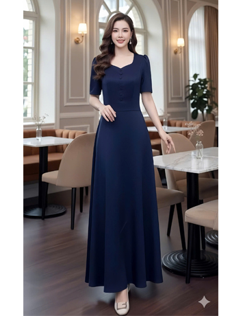  Đầm maxi cổ lá trầu nút bọc màu xanh đen- F091