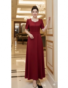 Đầm maxi cổ lá trầu nút bọc màu đỏ- F093