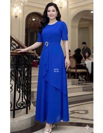 Đầm Maxi xếp ly đắp tà màu Xanh coban - F095