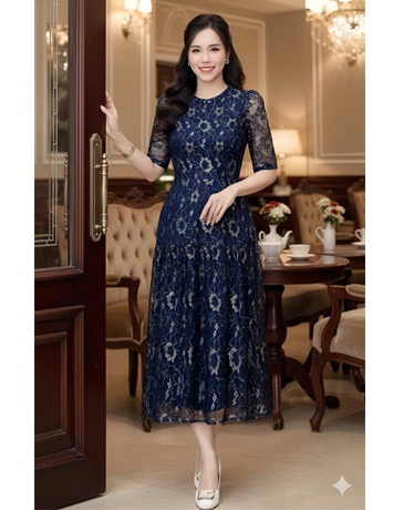 Đầm ren cổ tròn tầng xòe màu xanh đen- F096