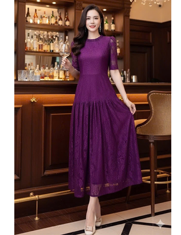 Đầm ren cổ tròn tầng xòe màu tím cẩm - F097