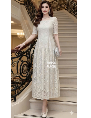  Đầm ren cổ vuông tầng xòe màu vàng kem - F098