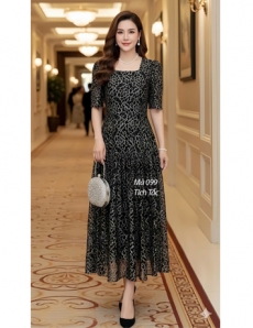 Đầm ren cổ vuông tầng xòe màu đen - F099