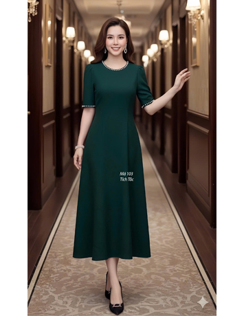  Đầm 8 mảnh cồ ngọc màu xanh rêu - F103